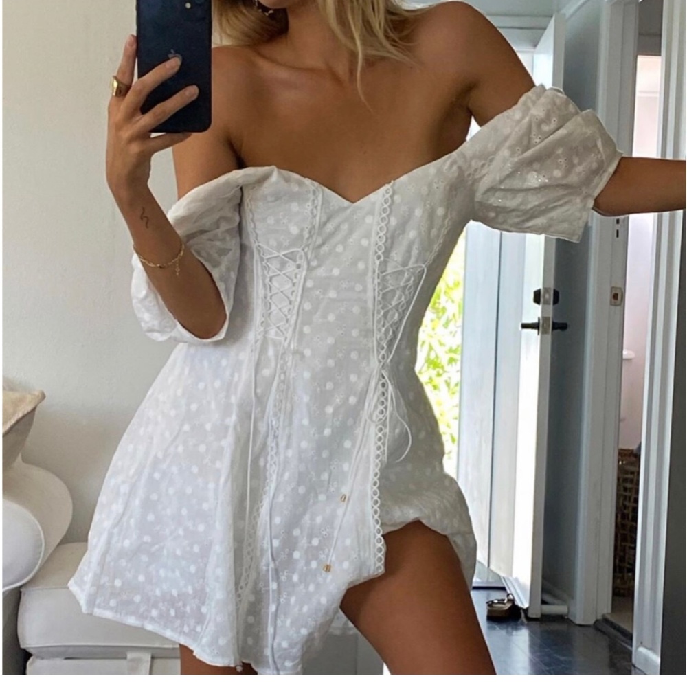 white boho v neck lace up dot puff sleeve dress